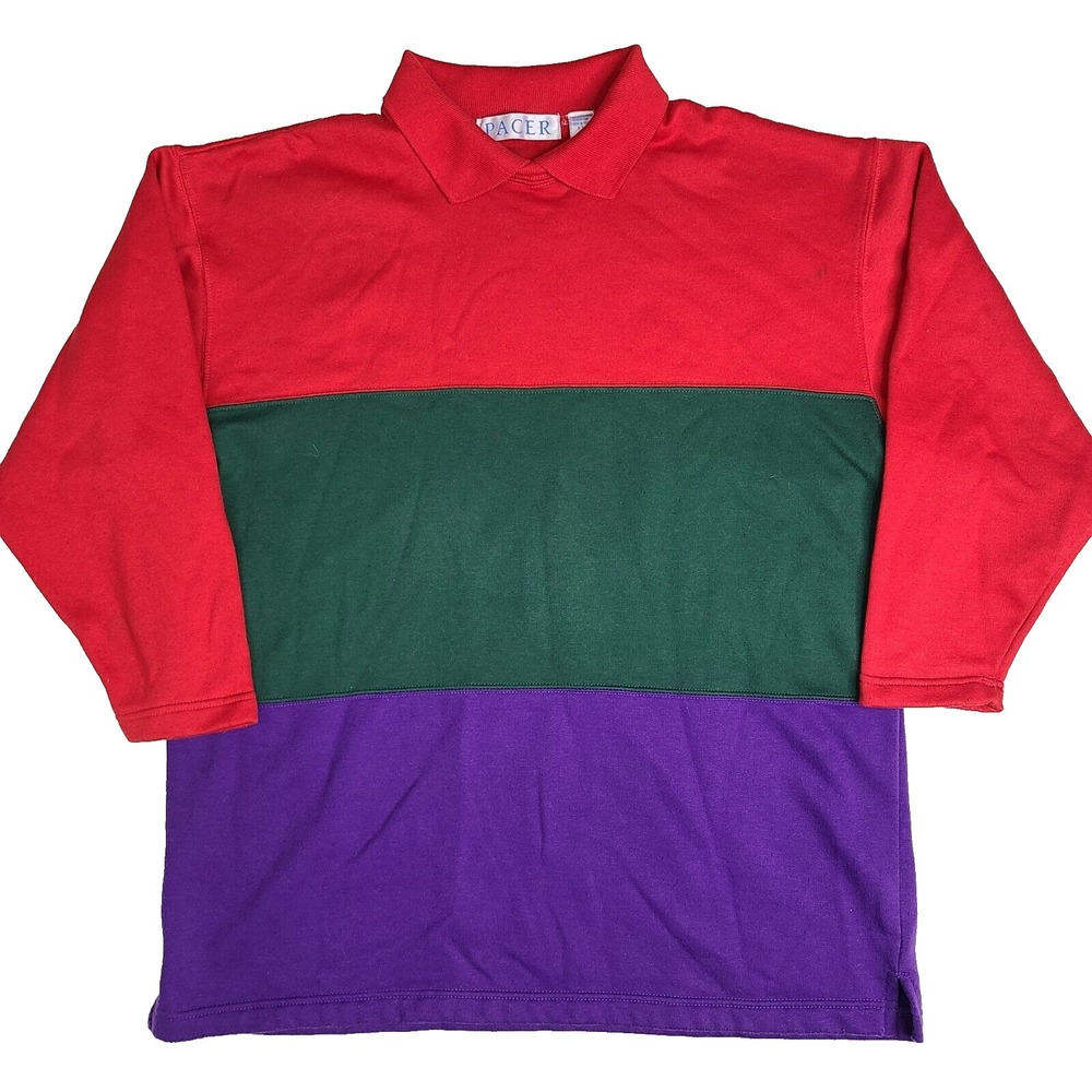 Pacer Brand Polo Collar Horizontal Striped Colorblock‎ Shirt Size Medium